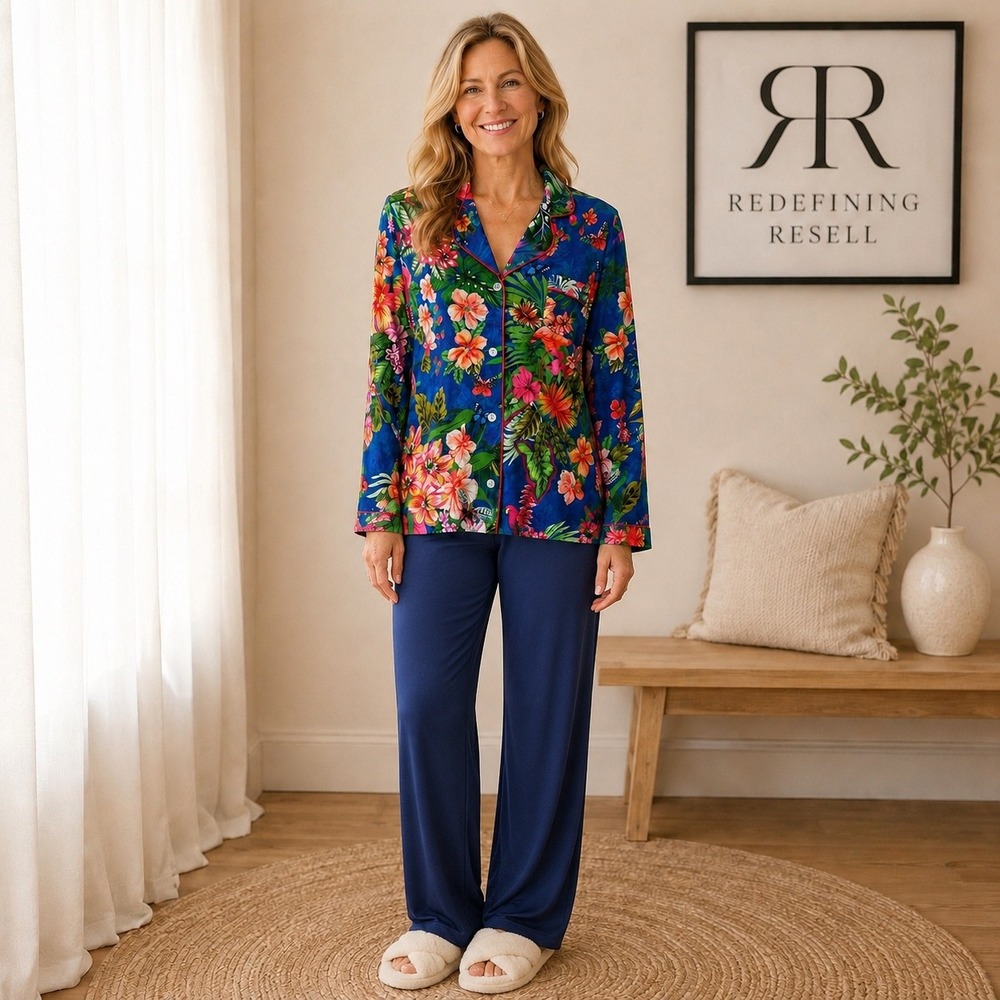 Johnny Was Carly PJ Set Small Amorina Tropical Floral Pima Cotton Modal Blue NEW